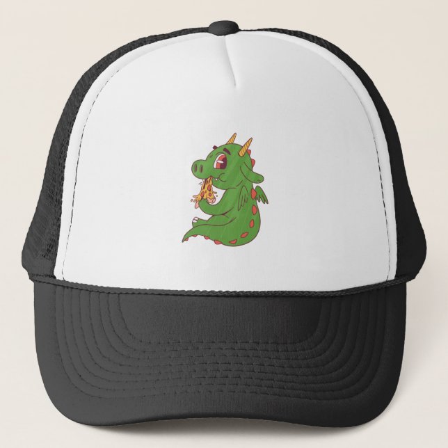 Dragon Baby Eating Yummy Pizza Slice Design Truckerkappe (Vorderseite)