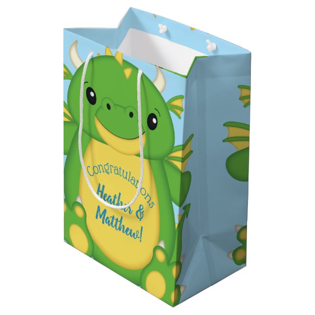 Dragon Baby Shower Blue Mittlere Geschenktüte (Rückseite Schrägansicht)