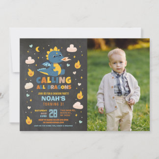 Dragon Birthday Party Blue Foto Dragons Boy Chalk Einladung