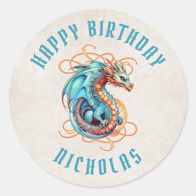 Dragon Birthday Party Runder Aufkleber (Vorderseite)