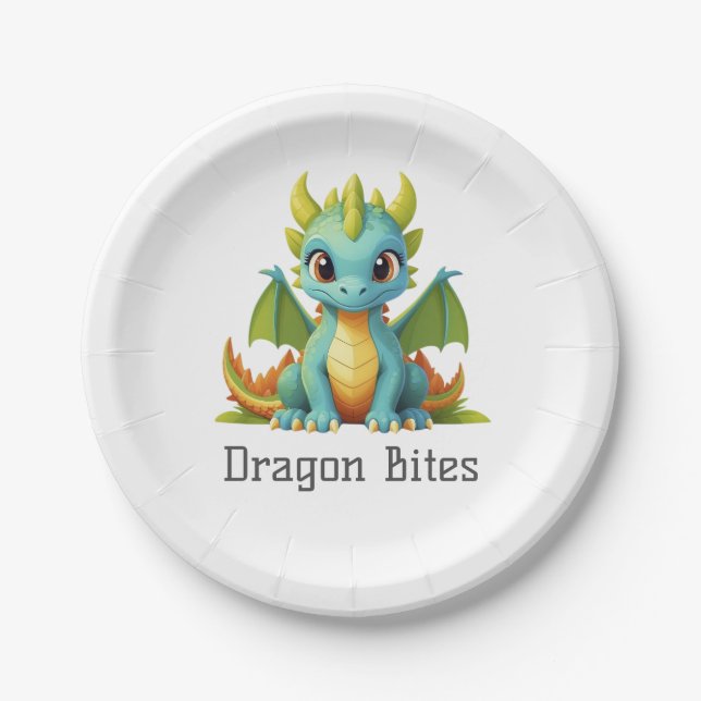 Dragon bites Green Blue Baby Dragon Paper Plate Pappteller (Vorderseite)