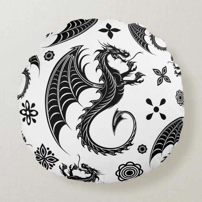 Dragon Black Shape Tattoo Style Rundes Kissen (Vorderseite)