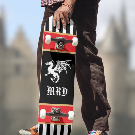Dragon Black White Striped Monogram w Red Gold Skateboard