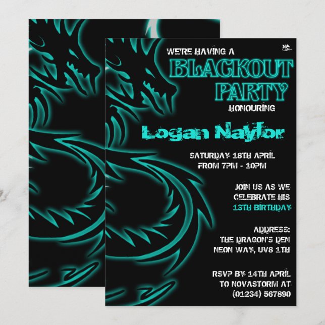 Dragon Blackout UV-Party Einladungen (Vorne/Hinten)