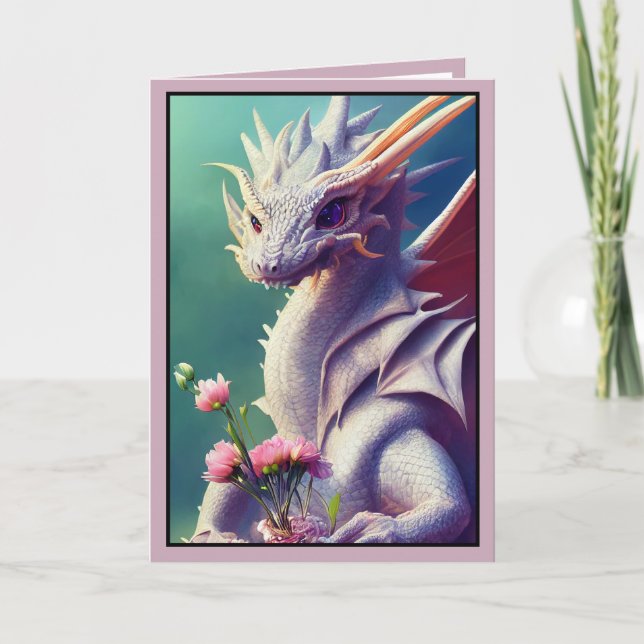 Dragon blanc aux fleurs Carte Saint Valentin (Devant)