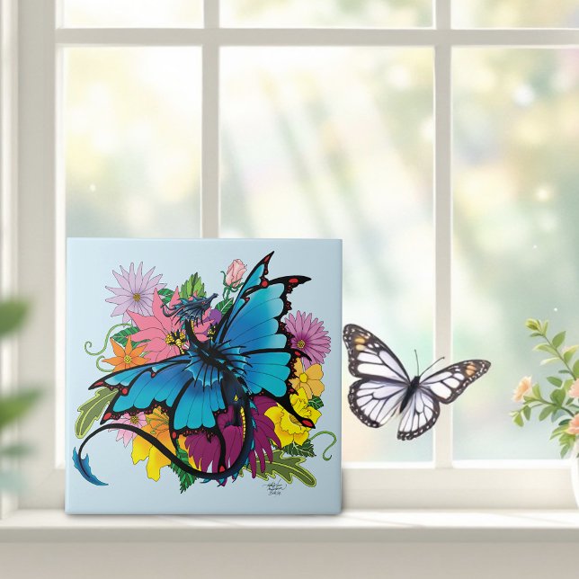 Dragon Blue Butterfly Blume Fliese (Von Creator hochgeladen)