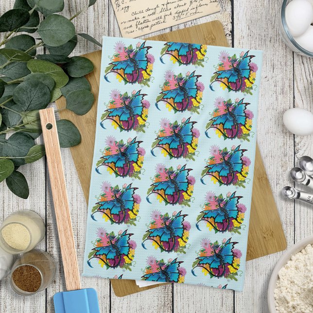 Dragon Blue Butterfly Blume Geschirrtuch (Von Creator hochgeladen)