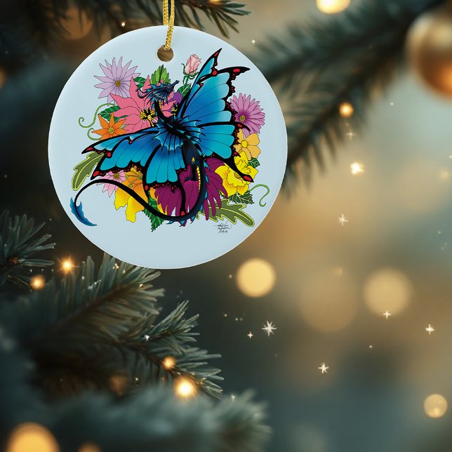 Dragon Blue Butterfly Blume Keramik Ornament (Von Creator hochgeladen)