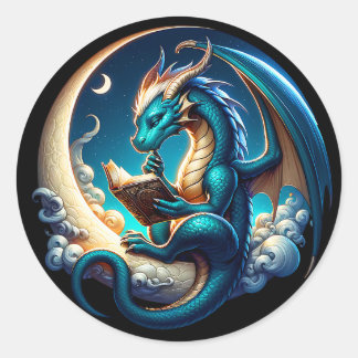 Dragon Bookworm, Moonlight Reading T-Shirt Runder Aufkleber