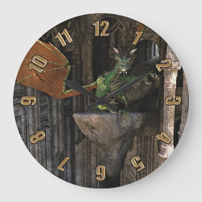 Dragon & Castle Fantasy Kunstwerk Große Wanduhr (Vorderseite)