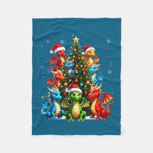Dragon Christmas Tree Squad Santa Hat Fantasy Myth Fleecedecke (Vorderseite)