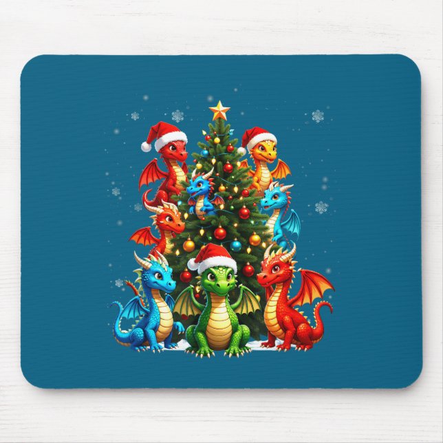 Dragon Christmas Tree Squad Santa Hat Fantasy Myth Mousepad (Vorne)