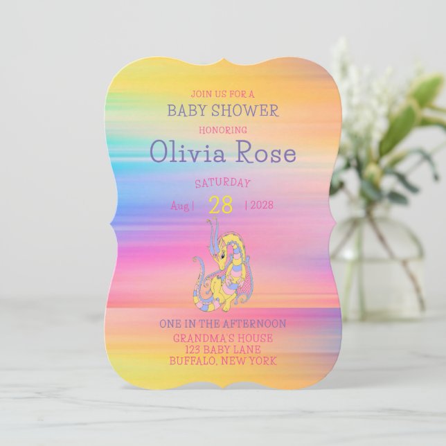 Dragon Colorful Gold Glitzer Baby Dusche Einladung (Stehend Vorderseite)