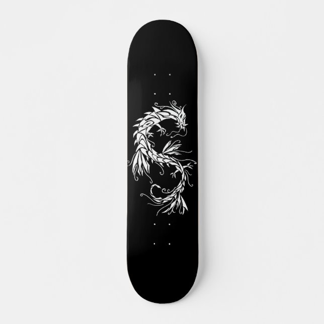 Dragon d'encre blanc sur skateboard noir (Devant)