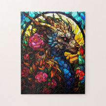 Dragon en verre tendu avec Puzzle de fleurs