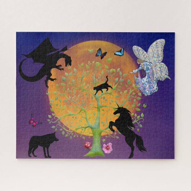 Dragon Fairy Unicorn Fantasiebaum und Vollmond (Horizontal)