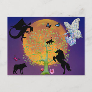 Dragon Fairy Unicorn Fantasiebaum und Vollmond Postkarte