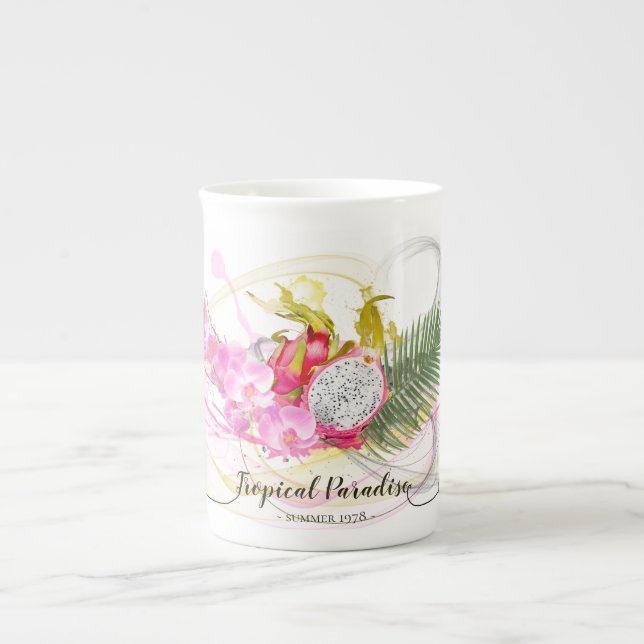 Dragon Fruit and Pink Orchid Tropical Calligraphy Prozellantasse (Vorderseite)