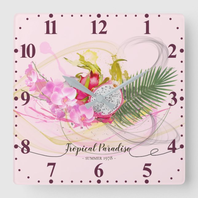 Dragon Fruit and Pink Orchid Tropical Calligraphy Quadratische Wanduhr (Vorderseite)