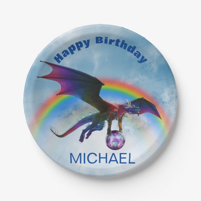 Dragon Happy Birthday Name Rainbow Fantasy P Pappteller (Vorderseite)
