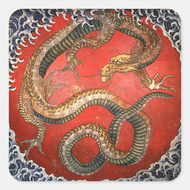 Dragon, Hokusai Japanisch Bildende Kunst Quadratischer Aufkleber (Vorderseite)