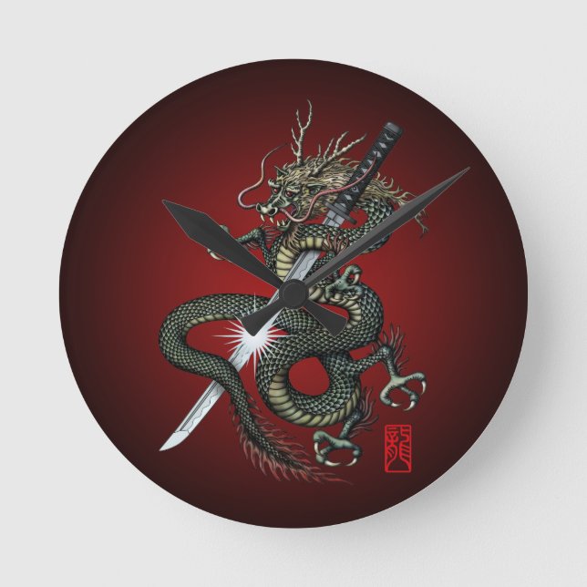 Dragon katana3 runde wanduhr (Vorderseite)