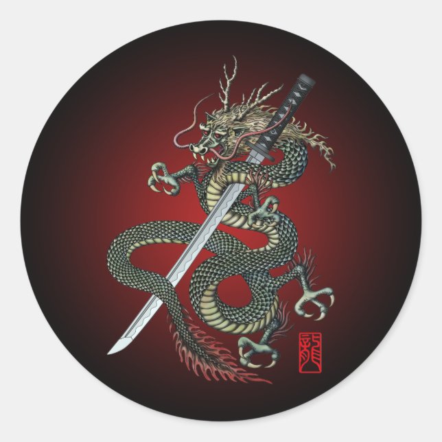 Dragon katana runder aufkleber (Vorderseite)