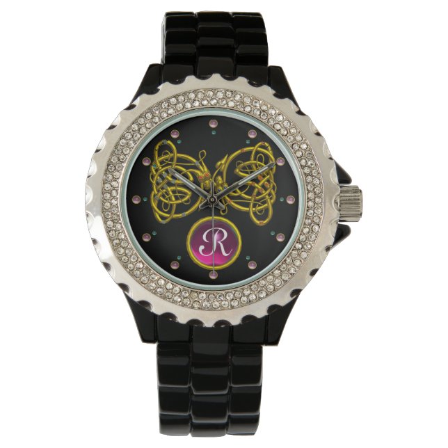 DRAGON-LIEBE/GOLD-ZELLTIKKNOTEN GEMSTONE-MONOGRAMM ARMBANDUHR (Vorderseite)