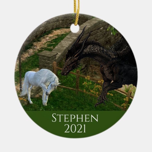 Dragon Meets Unicorn Fantasy Keramik Ornament (Vorne)