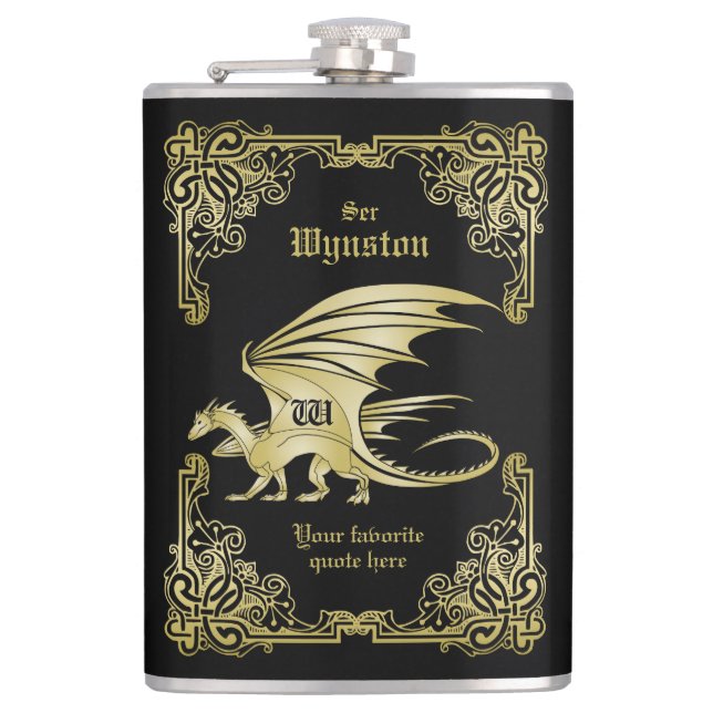 Dragon Monogram Gold Frame Traditionelle Buchabdec Flachmann (Vorderseite)