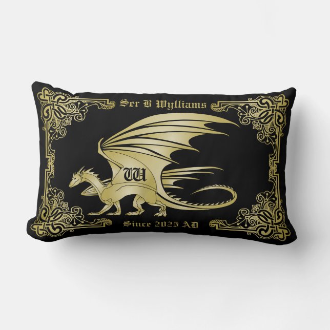 Dragon Monogram Gold Frame Traditionelle Buchabdec Lendenkissen (Vorderseite)