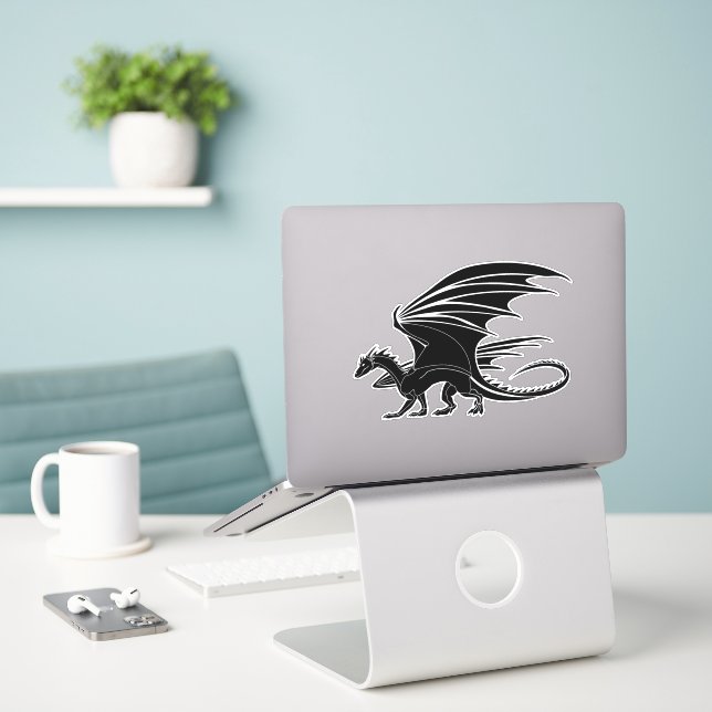 Dragon Noir Rétro - Autocollant de Créature Mythiq (Ordinateur portable sur le bureau)