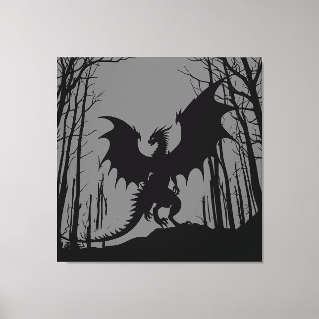 Dragon on Grey - Fantasy - Silhouette | Leinwanddruck (Vorderseite)
