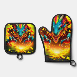 Dragon Oven Mitt and Pot Holders Ofenhandschuh & Topflappen-Set