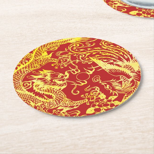 Dragon phoenix Chinesisches Hochzeitlogo Runder Pappuntersetzer (Angewinkelt)