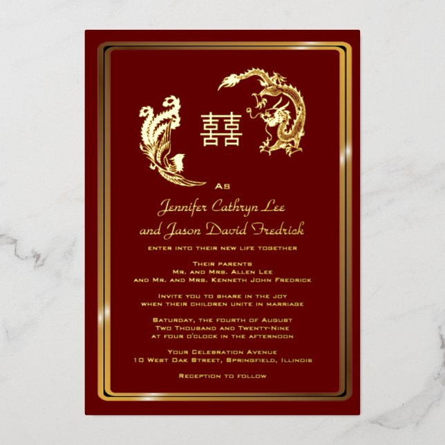 Dragon Phoenix Double Happiness Wedding Gold Folieneinladung (Vorderseite)
