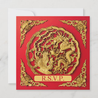 Dragon Phoenix Red Gold Chinese Wedding RSVP Einladung
