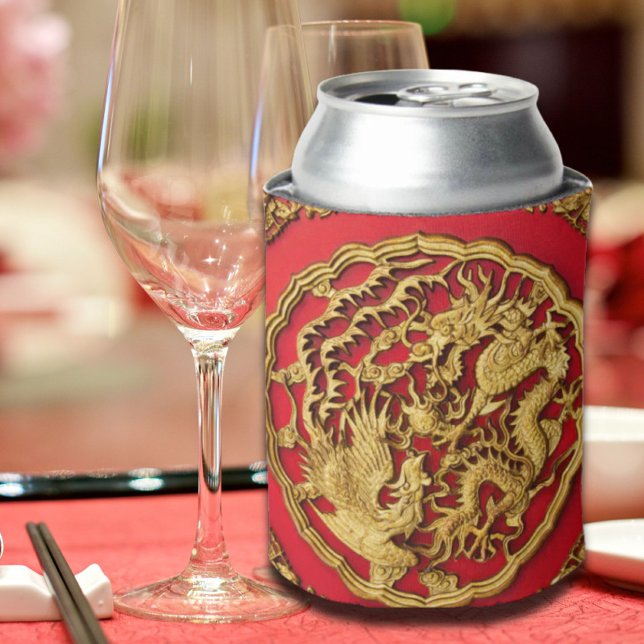 Dragon Phoenix Red Gold Chinesische Gastgeschenk H Dosenkühler (Dragon Phoenix Red Gold Chinese Wedding Favor Can Cooler)