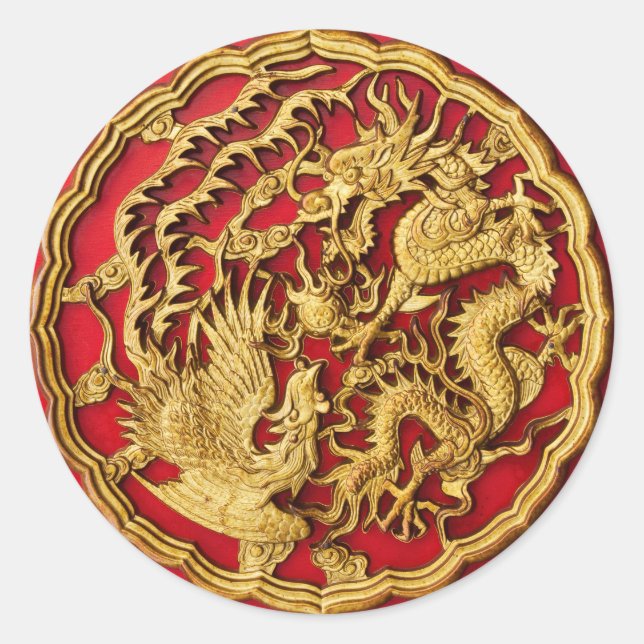 Dragon Phoenix Red Gold Chinesische Gastgeschenk H Runder Aufkleber (Vorderseite)