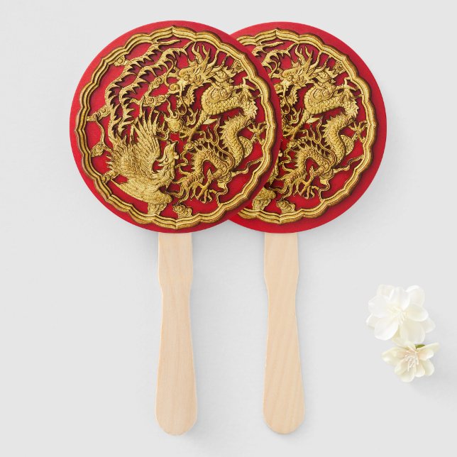 Dragon Phoenix Red Gold Chinesische Hochzeit Fächer (Vorne und Hinten)