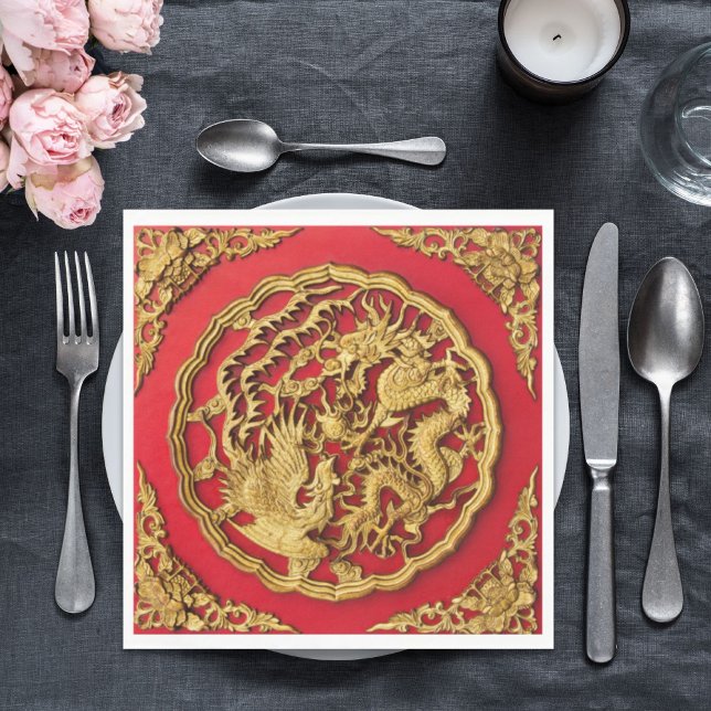 Dragon Phoenix Red Gold Chinesische Hochzeit Serviette (Dragon Phoenix Red Gold Chinese Wedding Napkins)