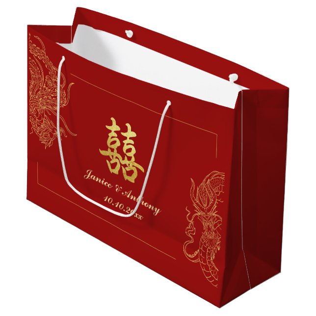 Dragon Phoenix Traditionelles Rotes Chinesisches H Große Geschenktüte (Vorderseite Schrägansicht)