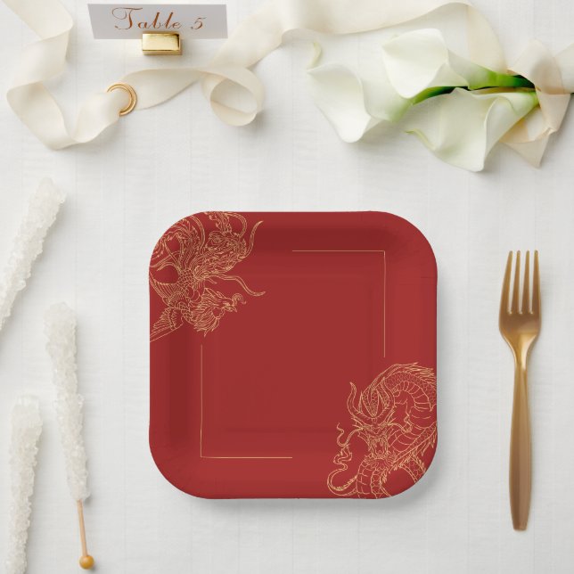 Dragon Phoenix Traditionelles Rotes Chinesisches H Pappteller (Hochzeit)