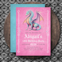 Dragon Pink Aqua Girls Birthday Invitation