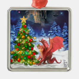 Dragon Pulling on Christmas Tree Silbernes Ornament