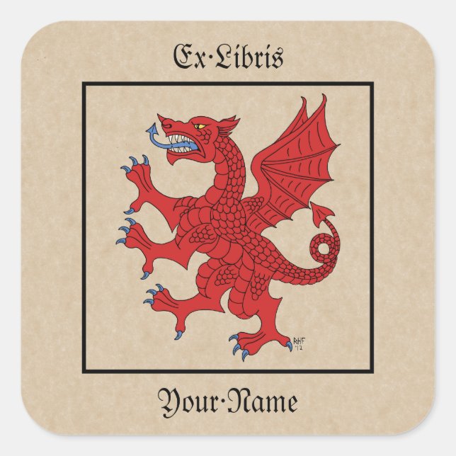 Dragon Rampant Gules Buchzeichen Quadratischer Aufkleber (Vorderseite)