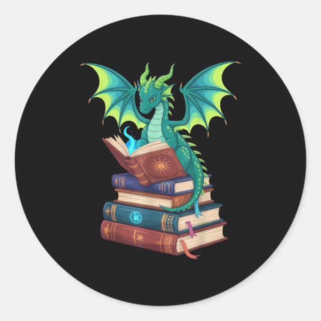 Dragon Reading Books Fantasy Lovers Mythical Creat Runder Aufkleber (Vorderseite)