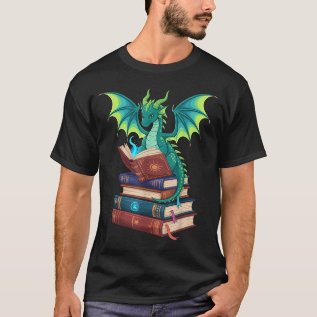 Dragon Reading Books Fantasy Lovers Mythical Creat T-Shirt (Vorderseite)