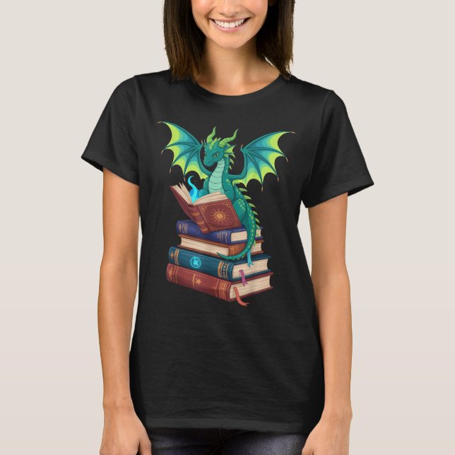 Dragon Reading Books Fantasy Lovers Mythical Creat T-Shirt (Vorderseite)