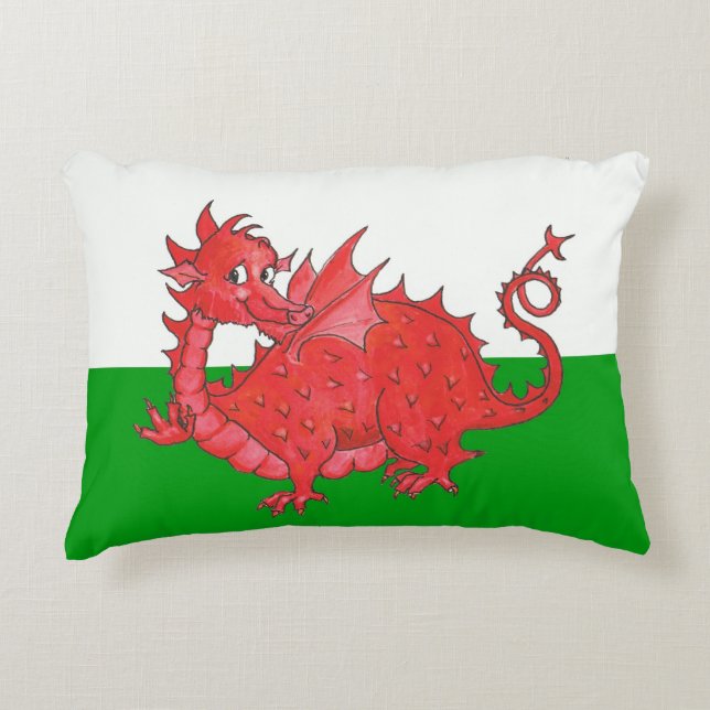 Dragon rouge mignon sur Coussin d'accent vert et b (Devant)